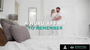 Melody Marks cheats during a nuru massage, sliding on her colleague's cock in a risky, oiled fuck session.