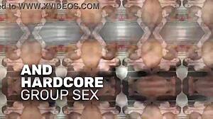 brunette with large tits squirts hard in this juicy gangbang