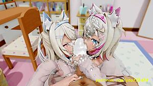 Fuwamoco从Novr那里得到激烈口交，在3D Hololive Hentai中