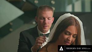 Groom fiercely uses hot bride Gizelle Blanco in front of witnesses. Outdoor public scene.