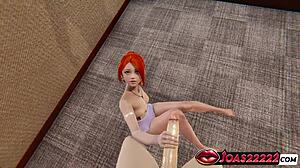 Redhead gives blowjob sitting on chair for facial in 3D POV animation