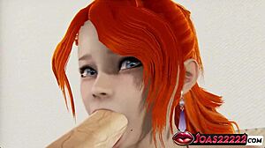 Redhead gives blowjob sitting on chair for facial in 3D POV animation