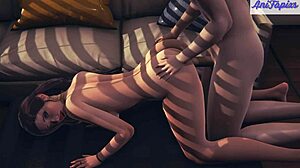 Black-haired girl with big tits indulges in luxury pleasures. 3D hentai scene unfolds with sensual details.