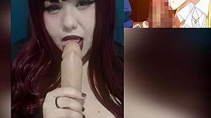 redhead goth wife playing with her huge tits while watching hentai