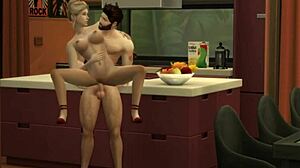 Hunky Sims 4 couple gets sensual in the kitchen.