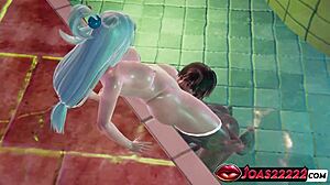 aqua's poolside adventure unfolds with breast massages and g-spot stimulations leading to wet pussy lickings and intense squirting moans in 3d hentai
