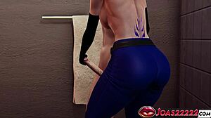 Hot stripperella in black mask strokes handjob pov titfuck big tits wall irrumation mouth fuck facial cum explosion.