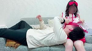 Japanese amateur witch licks milky tits on bed