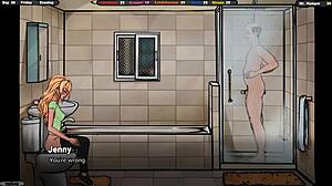 Jenny traps flashing exhibitionist then coats her tits in his thick cum hentai game