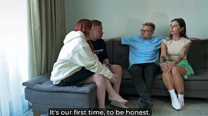 First Time Swingers Swap Curvy Big Tits Wives on Hotel Bed for Group Fuck and Cumshots