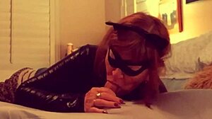 Granny Catwoman in Fishnets Sucks Batman's Huge Cock Hard