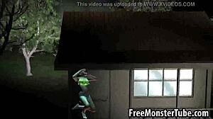 wow 3d brunette babe sucks alien villain's hard cock with intense handjob!