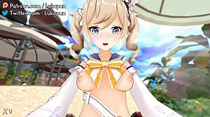 imagine barbara riding cowgirl on the beach in genshin impact 3d animation