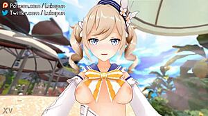 imagine barbara riding cowgirl on the beach in genshin impact 3d animation