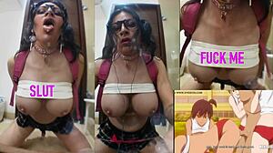 schoolgirl trap with pigtails rides her monster dildo to gaping orgasm