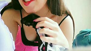 a naughty teen in pink skirt teases with hentai dildo. she masturbates natural tits with toys