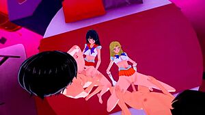 sailor mars rides cowgirl while venus takes doggystyle creampie missionary in sailor moon group anal assfucking foursome