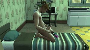 Fingering her throbbing dick intensely on the soft bed in Sims 4