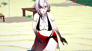 Arlecchino bikini blowjob beach sex with huge oppai Genshin fantasy